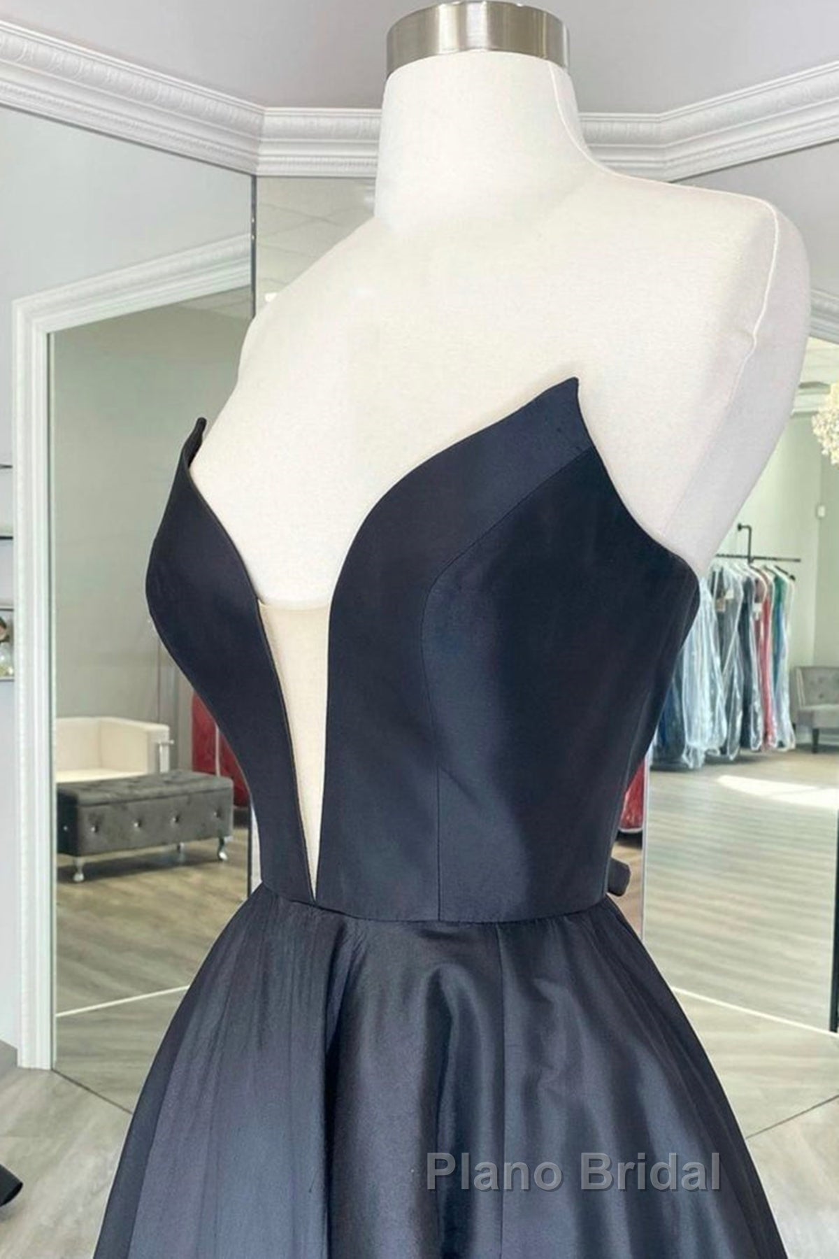 V Neck Strapless Black Satin Long Formal Prom Dresses, Strapless Black Formal Dresses, Long Black Evening Dresses
