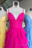 V-Neck Straps Fuchsia Ruffle Chiffon Formal Prom Dresses with Slit