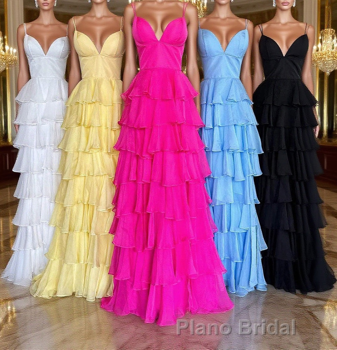 V-Neck Straps Fuchsia Ruffle Chiffon Formal Prom Dresses with Slit
