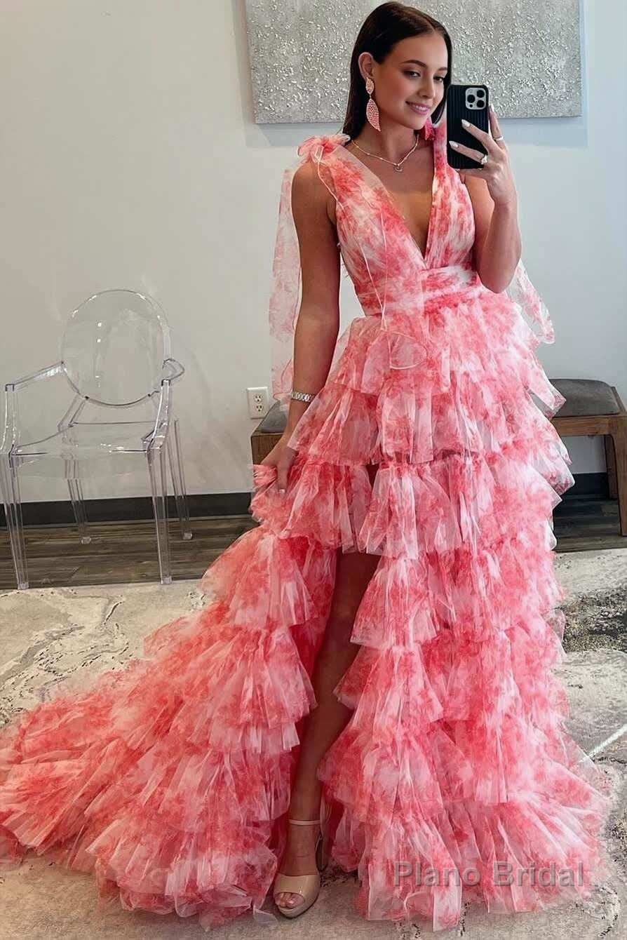V-Neck Tie Straps Red Floral Print Layered Long Prom Dress