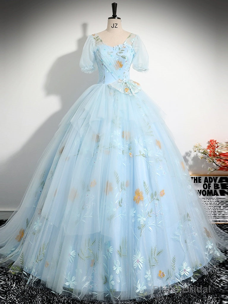 V Neck Tulle Lace Blue Long Prom Dress, A-Line Blue Lace Long Sweet 16 Dress Main image
