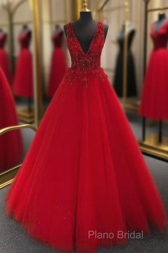 V-Neck Tulle Long Formal Prom Dresses With Appliques And Beading,Formal Prom Dresses,Pageant Dresses Main image