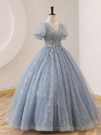 V Neck Tulle Sequin Gray Blue Long Prom Dress, Gray Blue Formal Sweet 16 Dress