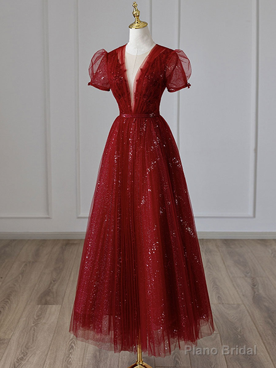 V Neck Tulle Sequin Tea Length Burgundy Prom Dress, Burgundy Evening Dress Main image