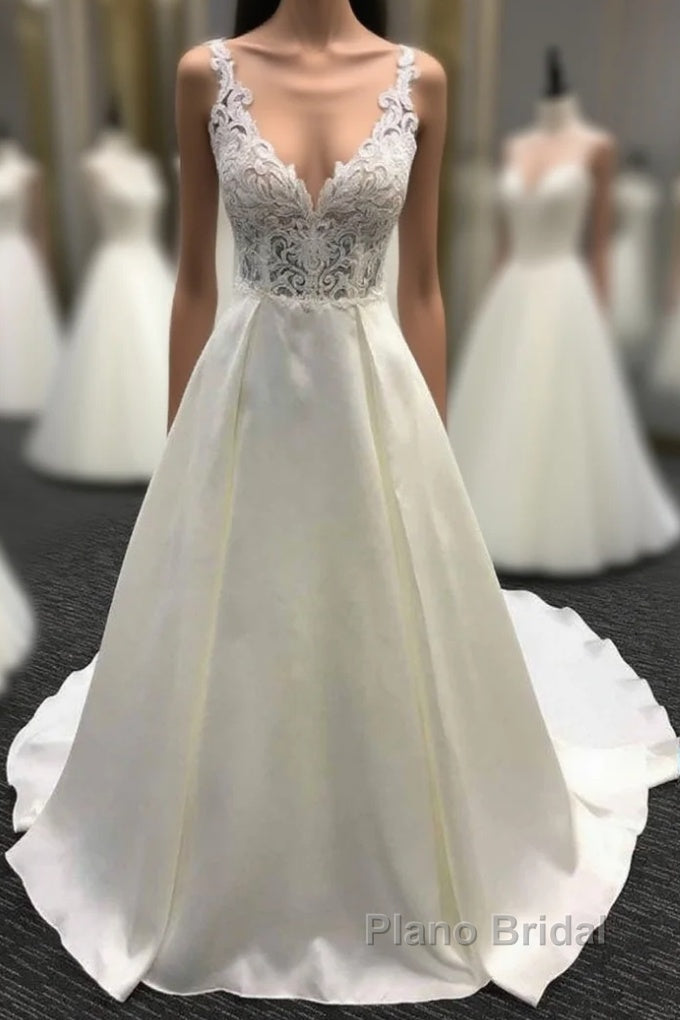 V neck White A line Lace appliques Princess Wedding Dress Main image