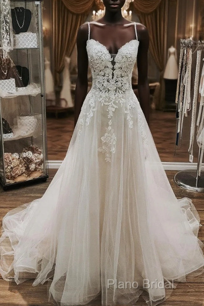 V Neck White Lace Wedding Dresses, V Neck White Lace Formal Prom Dresses Main image
