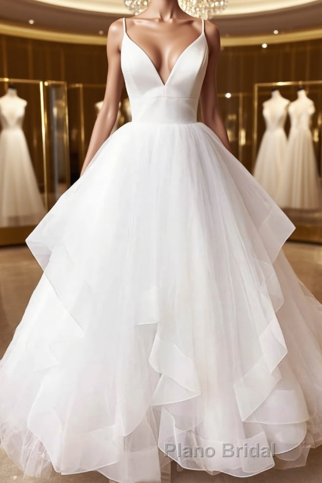 V Neck White Tulle Wedding Dresses, V Neck White Formal Formal Prom Evening Dresses Main image