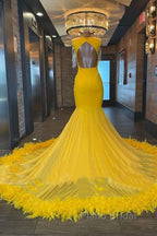 V Neck Yellow Feather Trumpet Mermaid Formal Prom Dresses