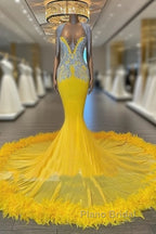 V Neck Yellow Feather Trumpet Mermaid Formal Prom Dresses