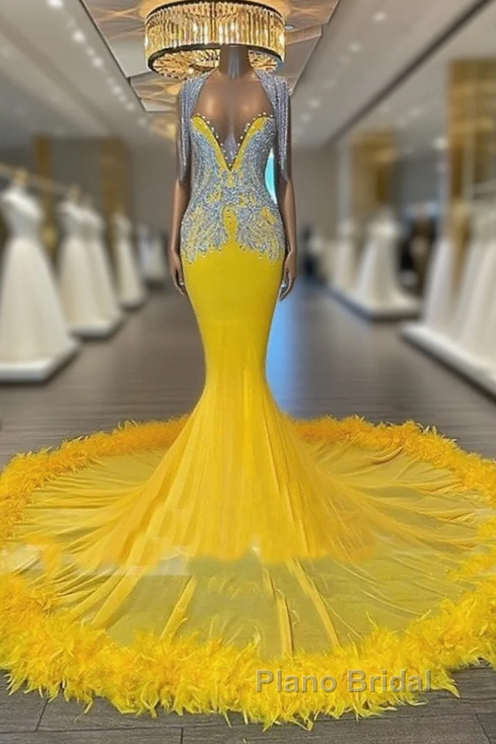 V Neck Yellow Feather Trumpet Mermaid Formal Prom Dresses
