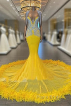 V Neck Yellow Feather Trumpet Mermaid Formal Prom Dresses