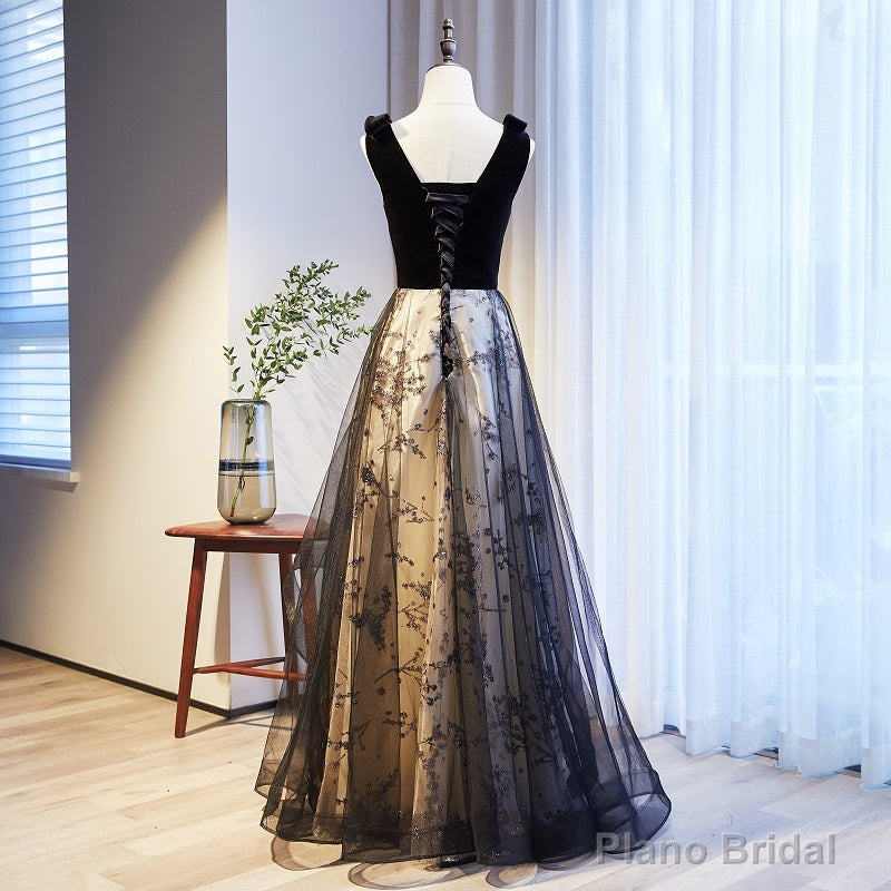 V-neckline Black Tulle with Velvet Top Long Evening Dress Party Dress, A-line Wedding Party Dress Main image