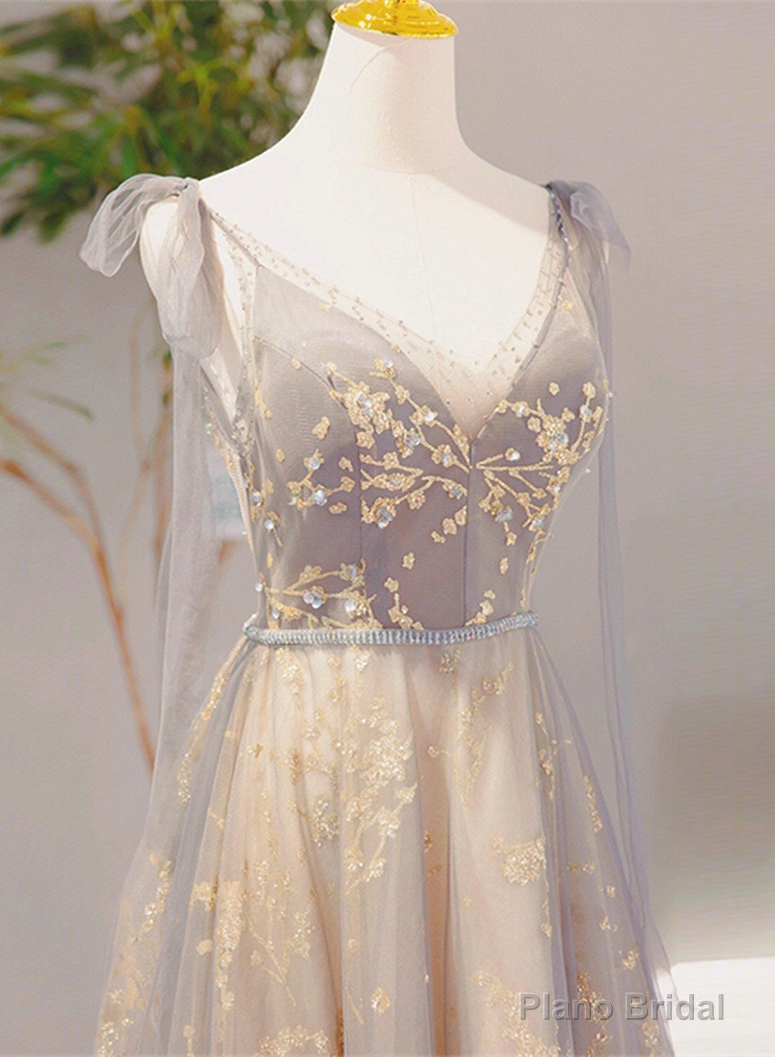 V-neckline Lace-up Champagne and Grey Long Formal Dress, Tulle Prom Dress