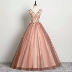 V-neckline Tulle Ball Gown Pink Sweet 16 Dresses, Ball Gown Lace Applique Quinceanera Dress
