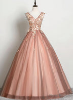 V-neckline Tulle Ball Gown Pink Sweet 16 Dresses, Ball Gown Lace Applique Quinceanera Dress