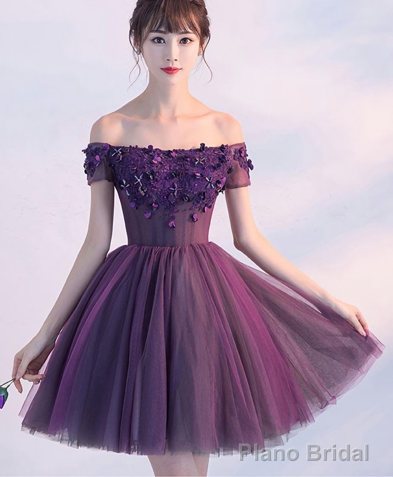 Cute A Line Purple Off Shoulder Short Prom Dress Homecoming Dress Secondary image