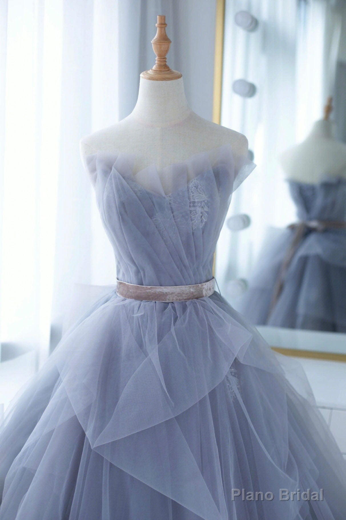 Blue Tulle Lace Long Prom Dress, A-Line Strapless Evening Gown Secondary image