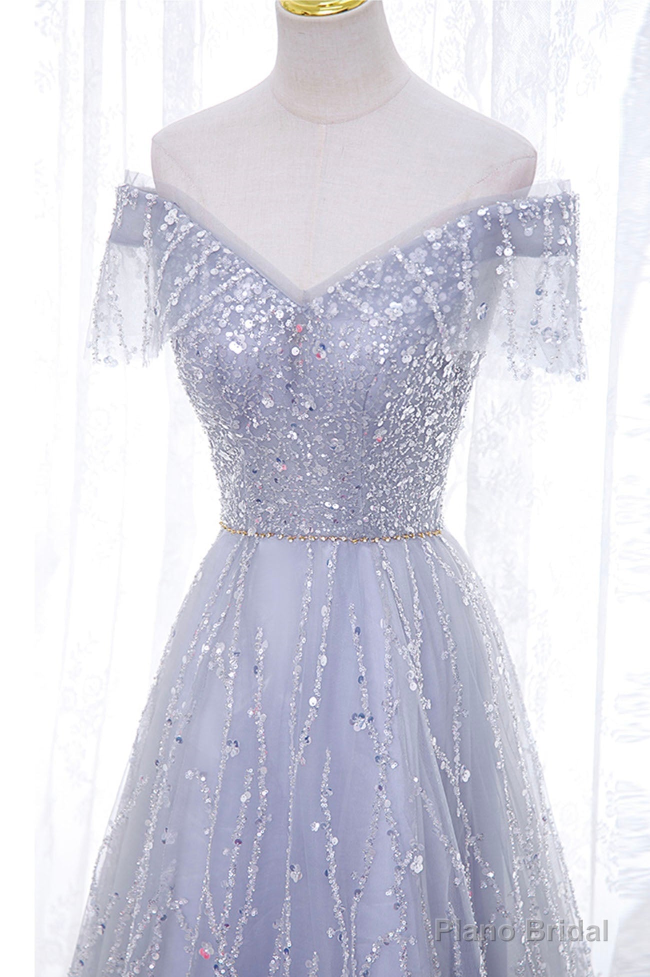 A-Line Tulle Sequins Long Prom Dress, Off the Shoulder Evening Party Dress Secondary image
