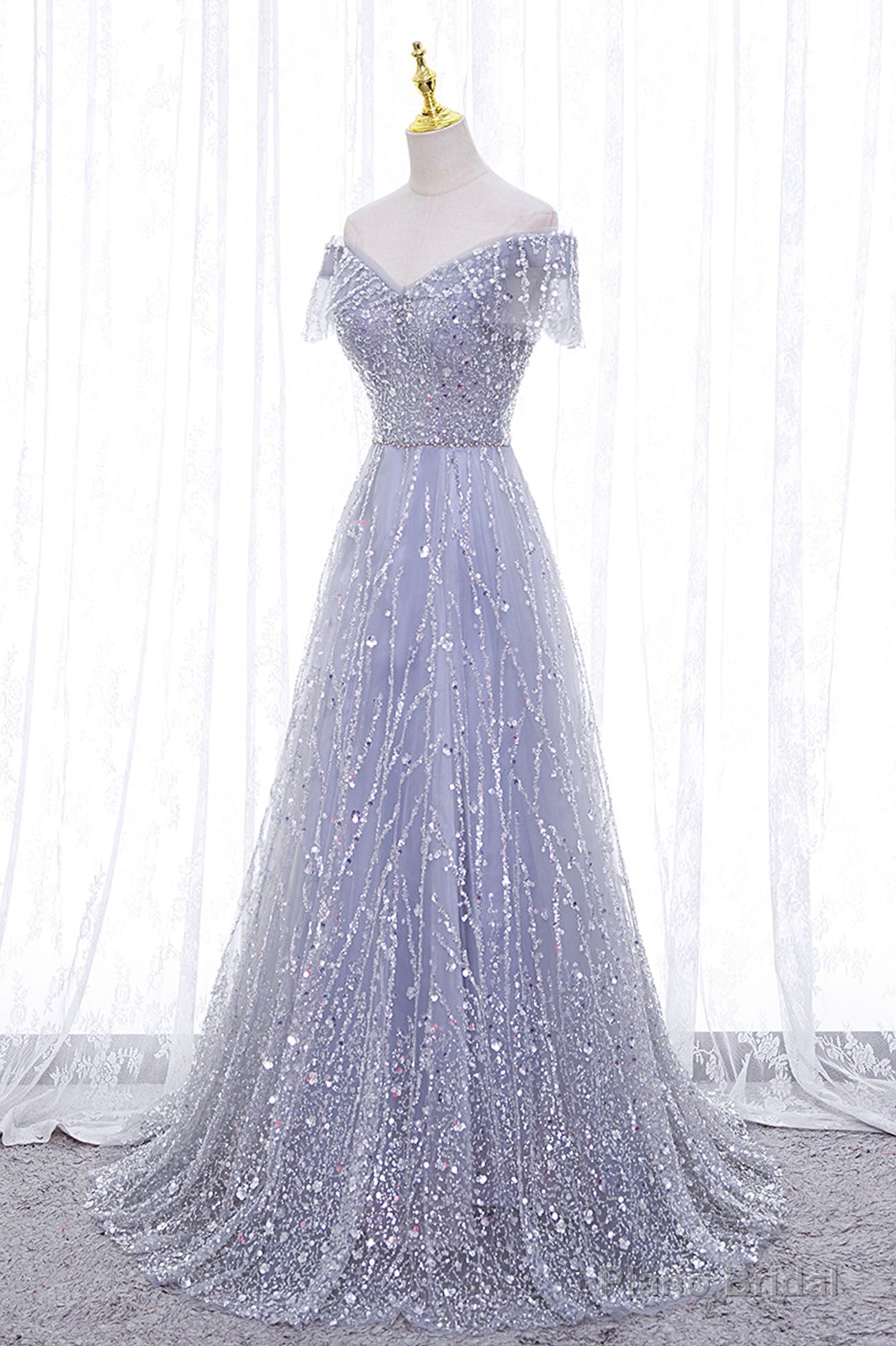 A-Line Tulle Sequins Long Prom Dress, Off the Shoulder Evening Party Dress Main image