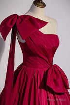 Burgundy Satin Long Prom Dress, One Shoulder Evening Dress with Bow