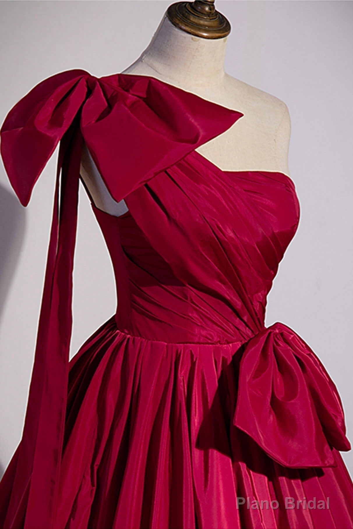 Burgundy Satin Long Prom Dress, One Shoulder Evening Dress with Bow