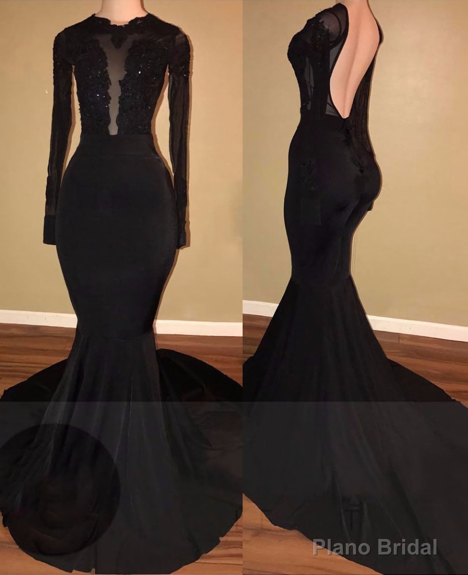 2025 Unique Black Long Sleeves Mermaid Backless Prom Dresses Main image