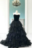 Velvet Strapless Black Prom Gowns with Pleated Tiered Skirt,Prom Dress