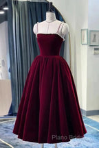 Velvet Tea Length Pearls Straps Formal Dresses, Velvet Wedding Party Dresses