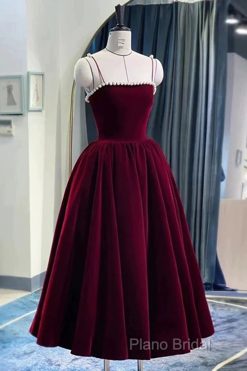 Velvet Tea Length Pearls Straps Formal Dresses, Velvet Wedding Party Dresses