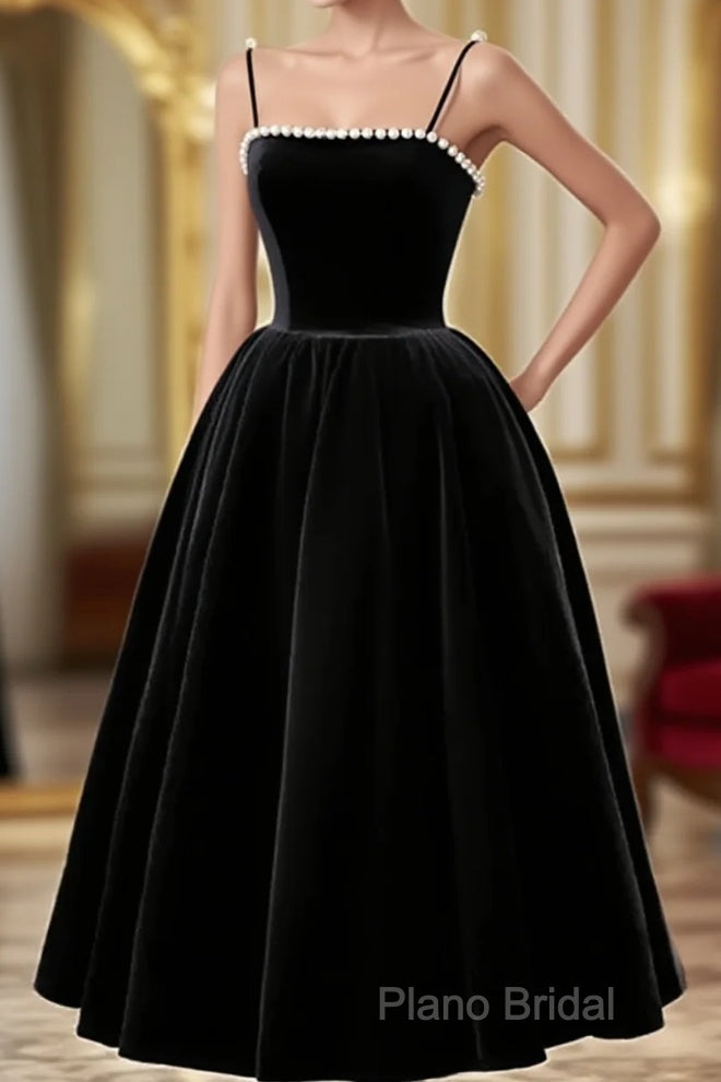 Velvet Tea Length Pearls Straps Formal Dresses, Velvet Wedding Party Dresses Main image
