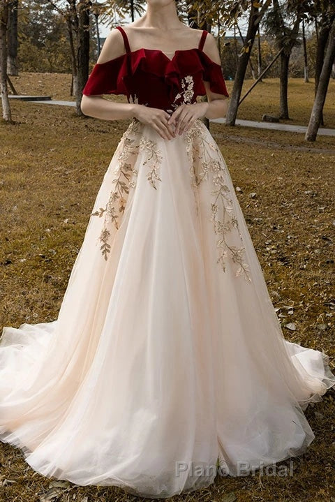 UniqueDressess Vintage Red Straps Tulle Prom Dresses, Elegant Applique Formal Prom Dresses Secondary image