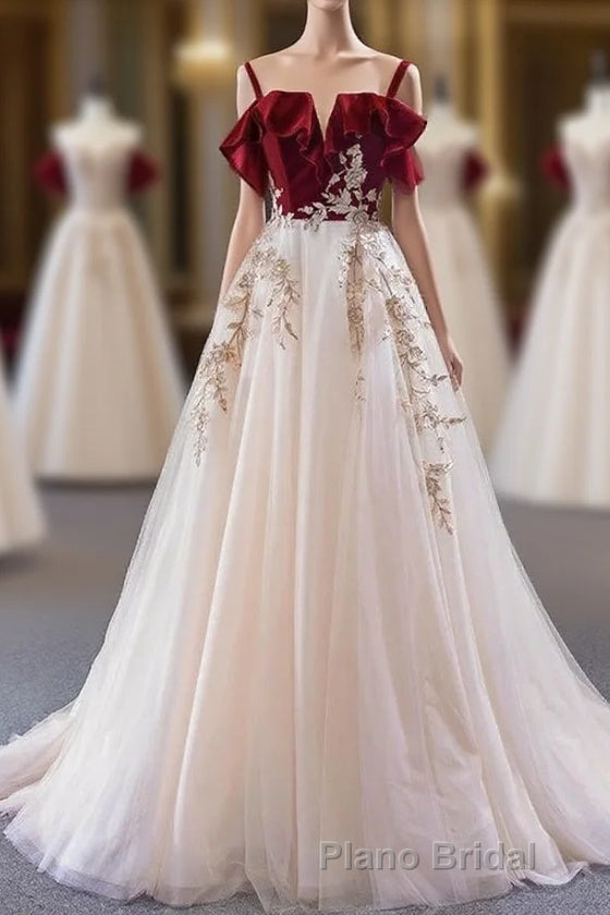 UniqueDressess Vintage Red Straps Tulle Prom Dresses, Elegant Applique Formal Prom Dresses Main image