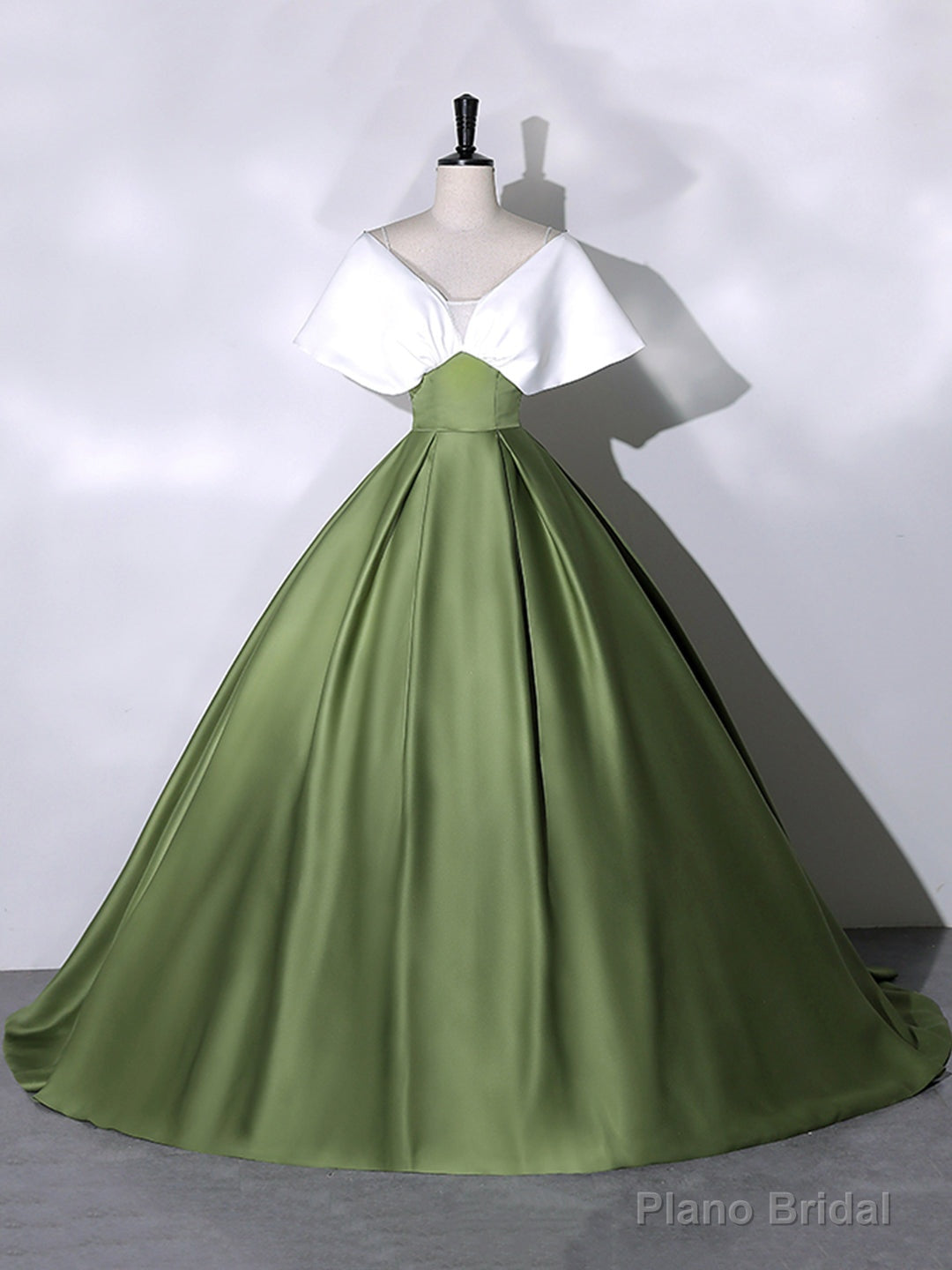 White+Green Satin Floor Length Prom Dress, V-Neck Off the Shoulder Evening Dress