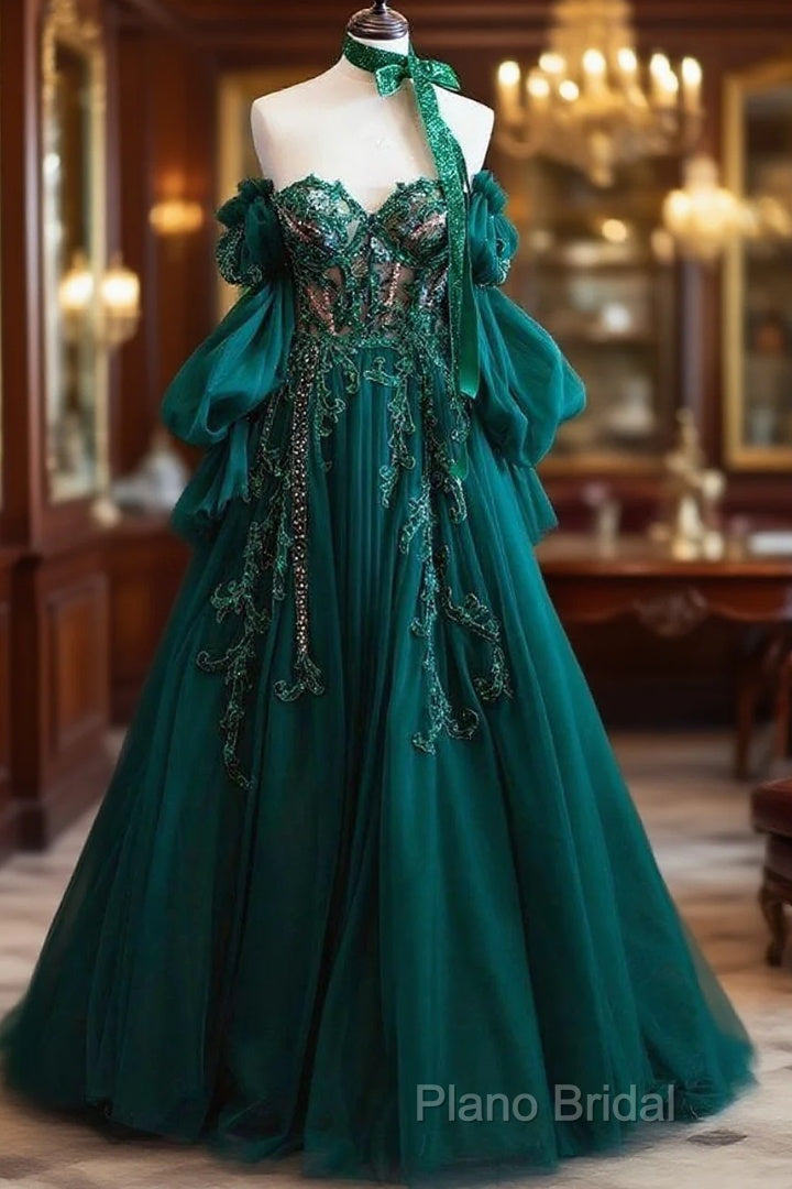 Vintage A Line Appliques Lace-Up A-Line Dark Green Tulle Formal Prom Dresses Main image