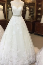 Vintage A-Line Cap Sleeves Crystal Beaded Sashes Wedding Lace Dresses