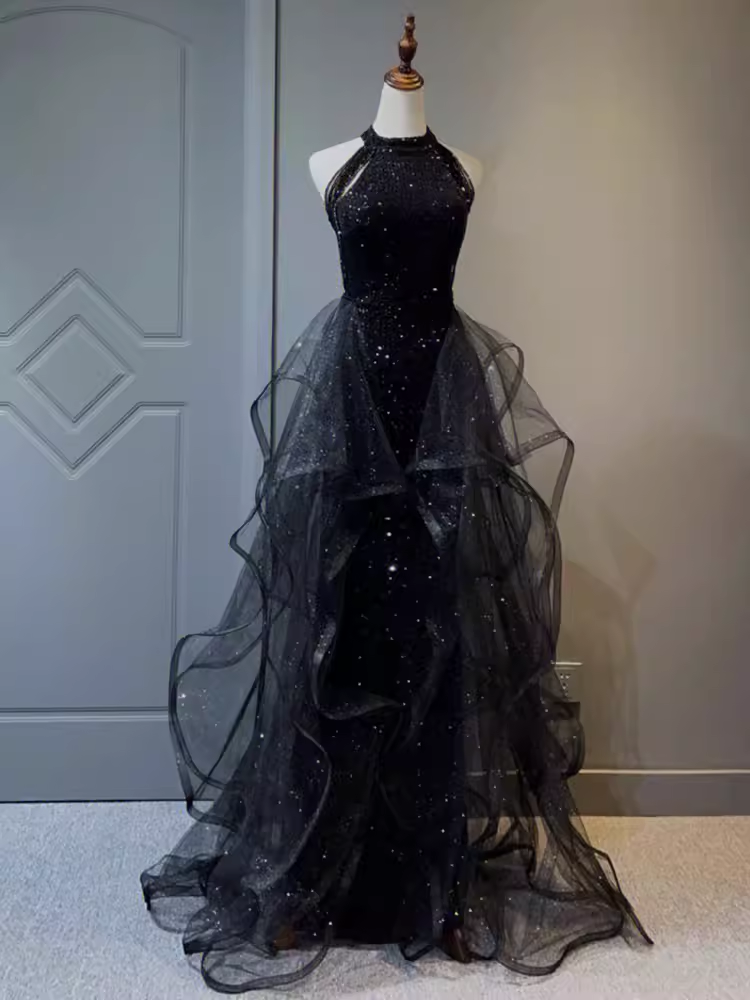 Vintage A Line Halter Black Party Dresses Sequin Formal Prom Dresses Secondary image