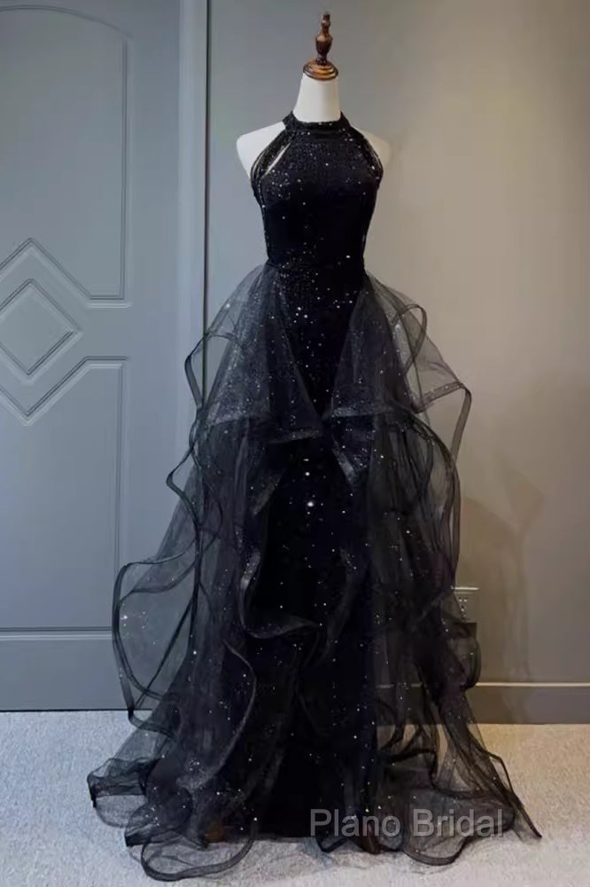 Vintage A Line Halter Black Party Dresses Sequin Formal Prom Dresses