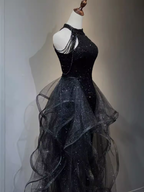 Vintage A Line Halter Black Party Dresses Sequin Formal Prom Dresses
