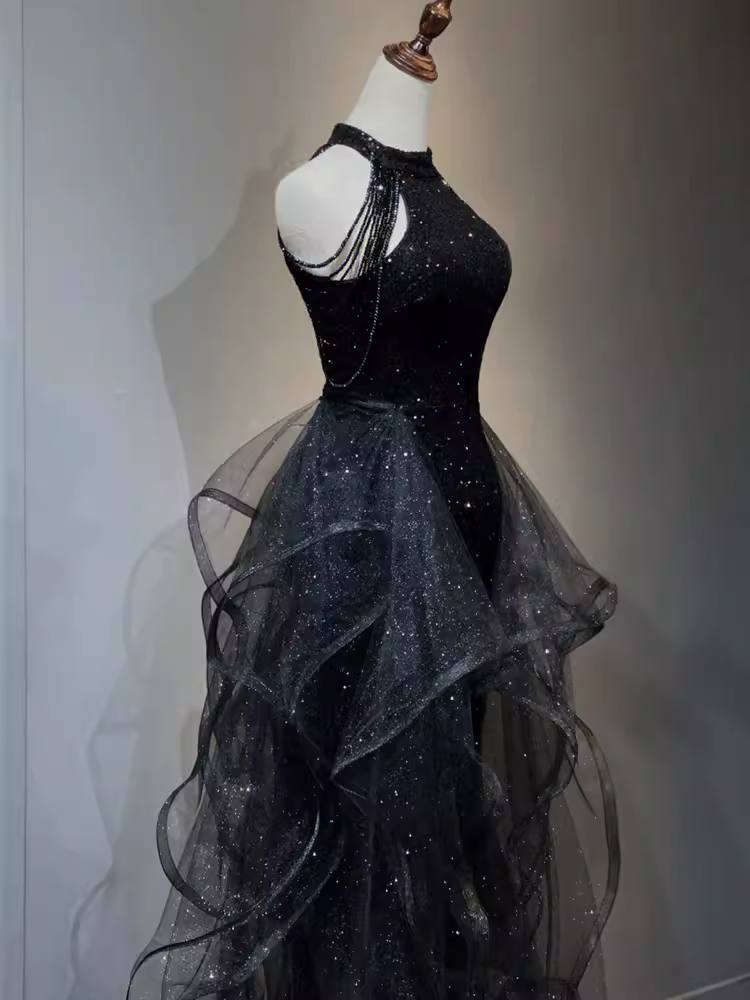 Vintage A Line Halter Black Party Dresses Sequin Formal Prom Dresses
