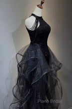 Vintage A Line Halter Black Party Dresses Sequin Formal Prom Dresses