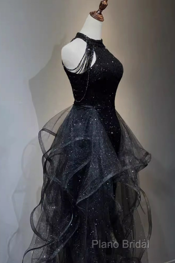 Vintage A Line Halter Black Party Dresses Sequin Formal Prom Dresses