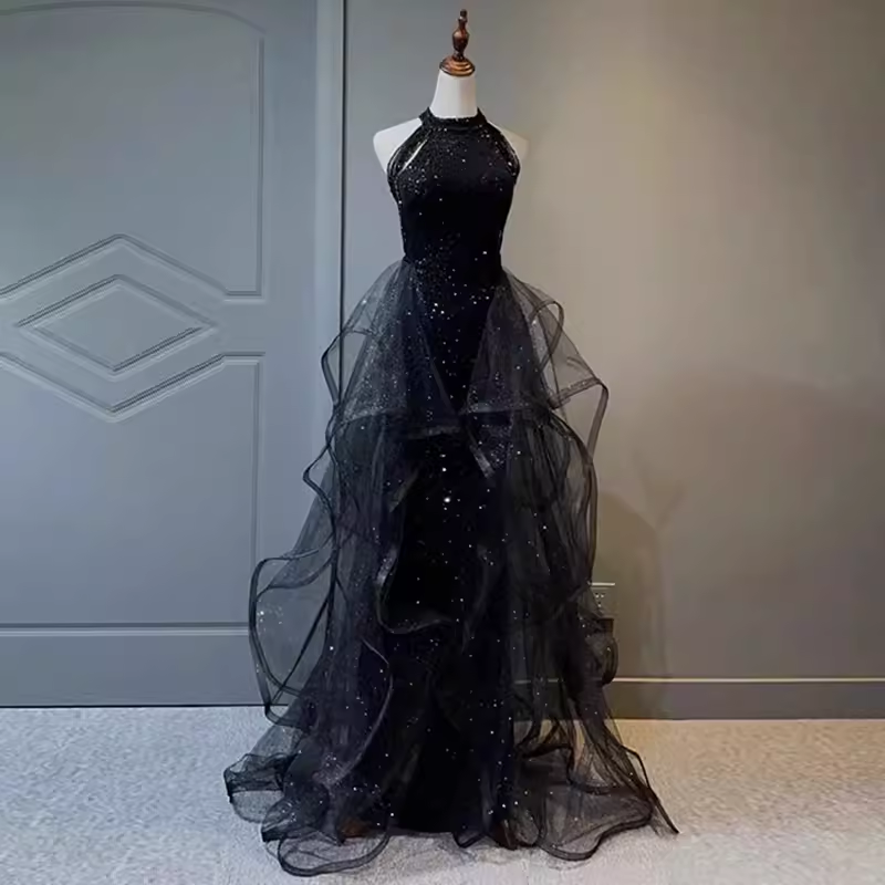 Vintage A Line Halter Black Party Dresses Sequin Formal Prom Dresses Main image