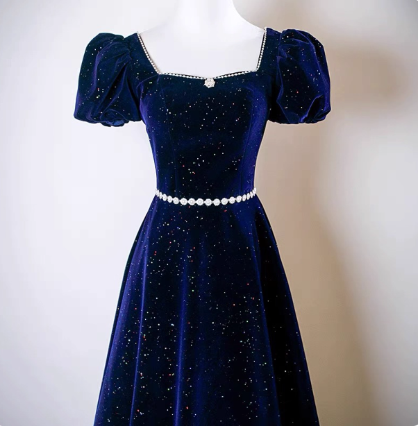 Vintage A-Line Navy Blue Square Neck Short Sleeve Glitter Satin Long Formal Prom Dresses Secondary image