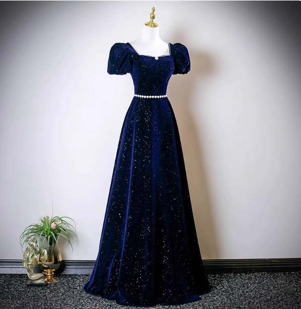 Vintage A-Line Navy Blue Square Neck Short Sleeve Glitter Satin Long Formal Prom Dresses Main image