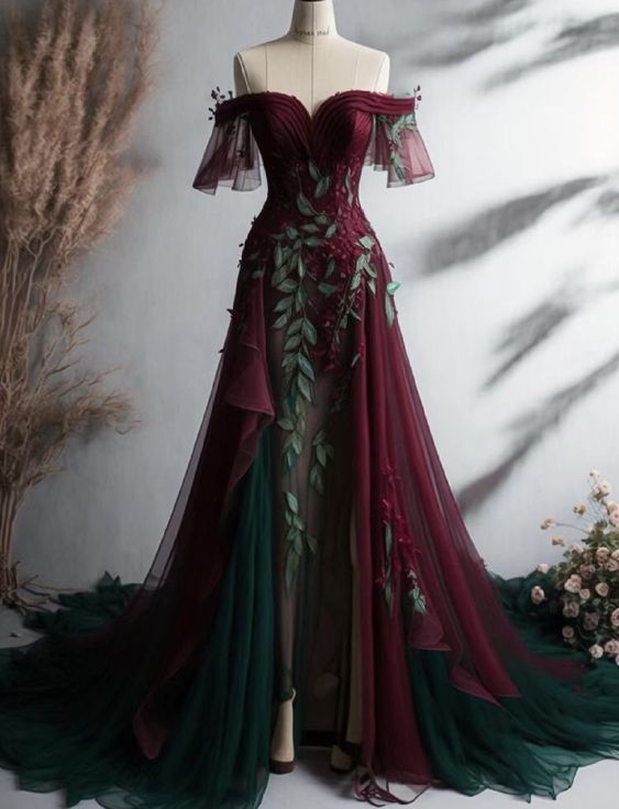 Vintage A Line Off The Shoulder Tulle Burgundy Formal Prom Dresses Main image