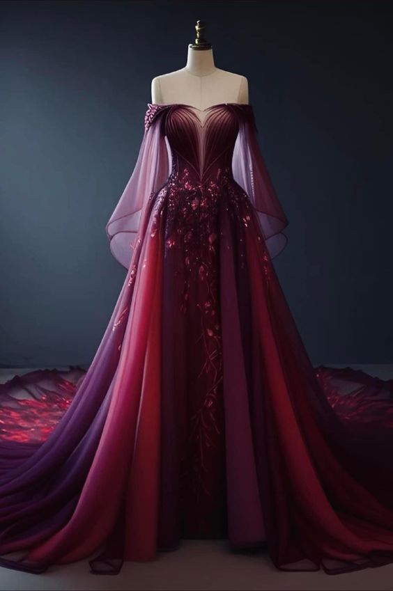 Vintage A Line Off The Shoulder Tulle Burgundy Formal Prom Dresses