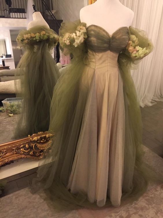 Vintage A Line Off The Shoulder Tulle Sage Green Formal Prom Dresses Secondary image