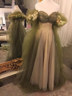 Vintage A Line Off The Shoulder Tulle Sage Green Formal Prom Dresses