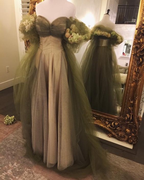 Vintage A Line Off The Shoulder Tulle Sage Green Formal Prom Dresses Main image
