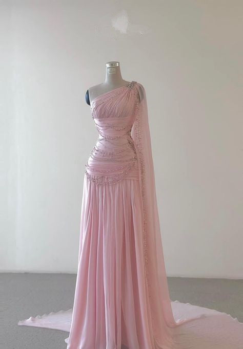 Vintage A Line One Shoulder Pink Chiffon Floor Length Formal Prom Dresses Beads Formal Evening Dresses Secondary image